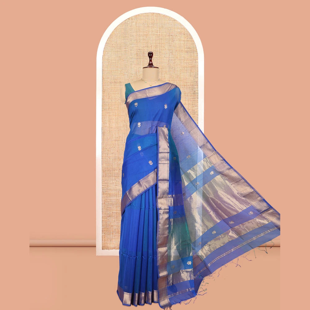 Pothys M.s Blue Maheshwari Cotton Saree, Detailed with Floral Zari Buttas, a Zari Chevron Striped Border, Zari Striped Pallu, and a Matching Blouse
